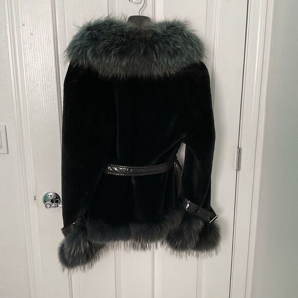 NEW Rosleen BLUE FUR COAT LEATHER BELT ACCENTS FULLY LINED ZIP SIZE 18 - Picture 5 of 15